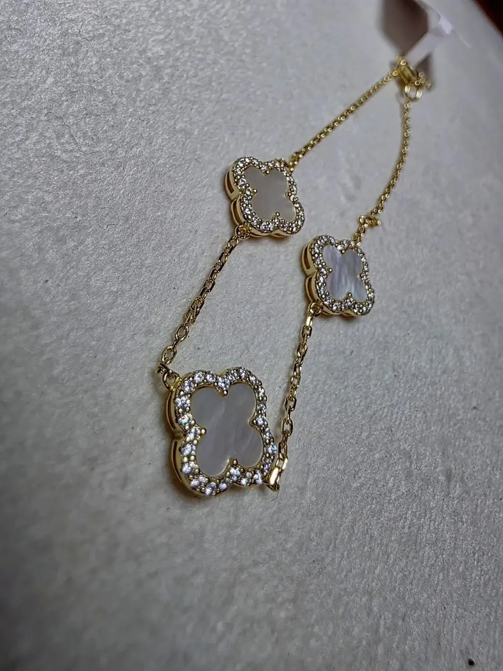 Mother of Pearl & 0.44ctw Moissanite Clover Bracelet | Gold over Silver (7-8